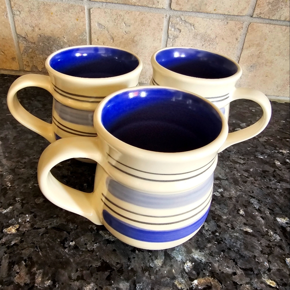 Pfaltzgraff Rio, Blue Stripe Rings, Set of 3 Mugs Coffee Cups Stoneware 14oz